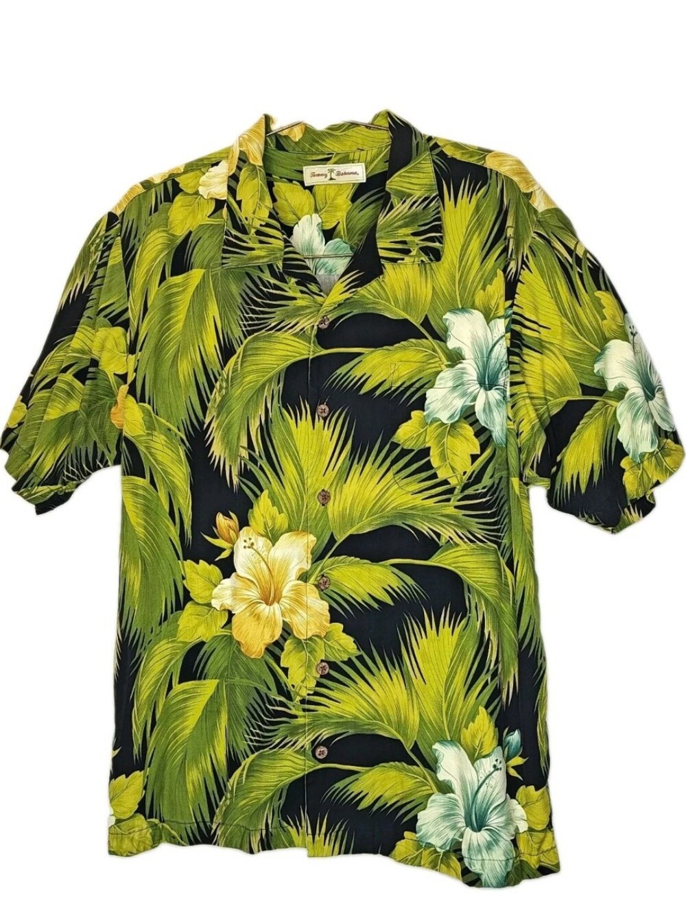 Tommy Bahama Rum Silk Hawaiian Shirt Slim XL Black Palms Button Up Loop Collar